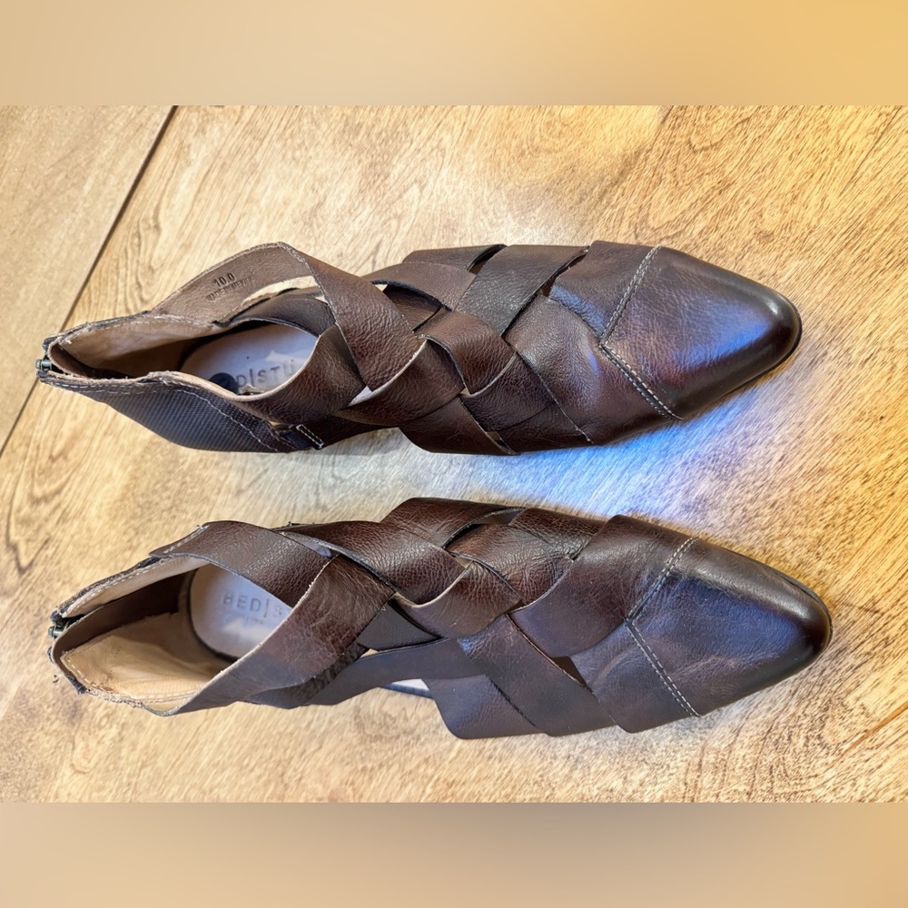 Bed Stu Brown Leather Woven Ankle Boots